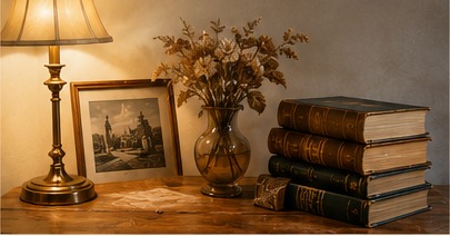 A small library side table with lamp, books and flowers