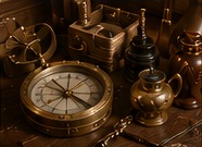 Compass and curios on polished wood