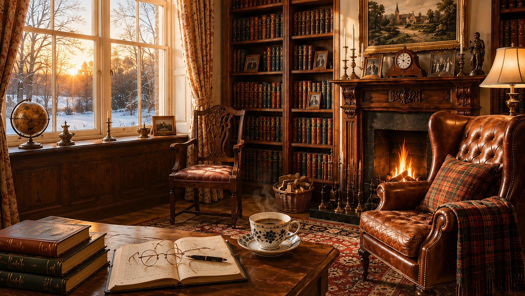 A sunny winter evening in a warm old English vicarage library with leather chairs, bookshelves and an open fire