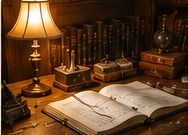 Lamp-lit desk with books and notes