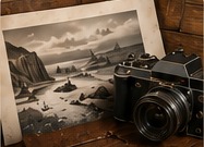 Old photograph and camera on a desk